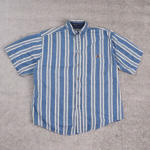 Vintage Coliseum Medium Blue & White Striped Short Sleeve Collared Shirt